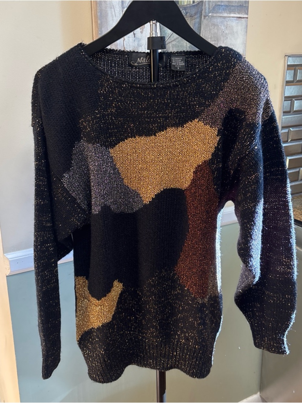 MALAIN Black multicolor camouflage sequin sweater with Gold Thread Detail
